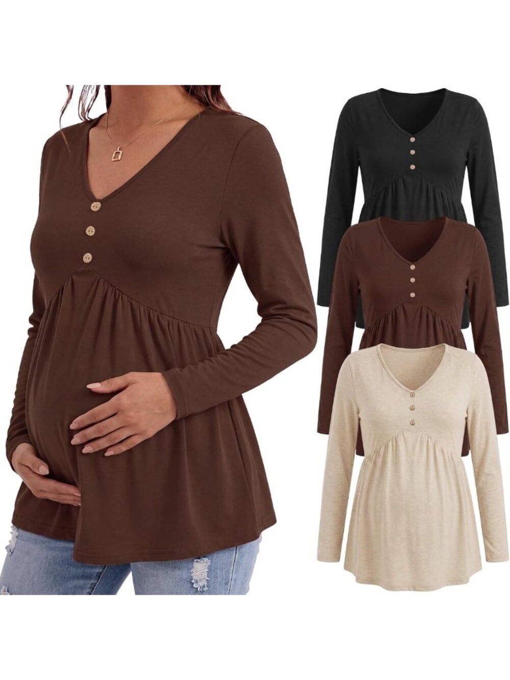 3 Pack Maternity Long Sleeve Tunic Tops - Flowy V Neck Babydoll Blouse for Fall
